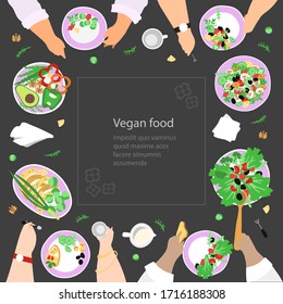 Handgezeichnete Vorlage in Form eines festlichen Tisches, an dem Freunde und Familie essen - Veganer, essen und reden. Aperitif detailliert nachvollziehbare veganische Köstlichkeiten. Großartige Typografie für Poster, Karte oder Restaurant