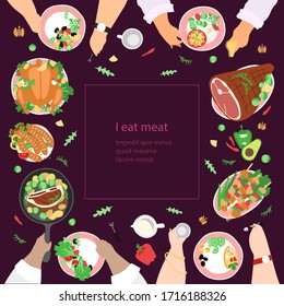 Handgezeichnete Vorlage in Form eines festlichen Tisches, an dem Freunde und Familie essen - Fleisch essen und sprechen. Appetitanregende detaillierte Spätgerichte. Großartige Typografie für Poster, Karte oder Restaurant