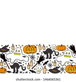 Hand drawn template 'happy halloween' for card, banner, poster, background etc. Pumpkin, candles, cat, bat. Doodle. Vector Illustration. EPS 10.