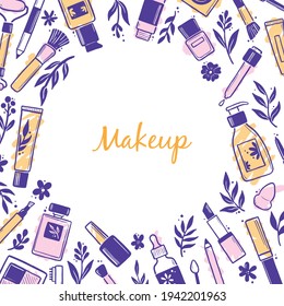 Plantilla dibujada a mano con elementos cosméticos de belleza de maquillaje, rímel, botella de crema, cepillo de piel. Estilo de dibujo de Doodle. Ilustración para maquillaje, salón de belleza, banner de tienda cosmética, marco, diseño de afiches.
