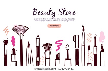 Hand drawn template with makeup beauty cosmetic elements, mascara, cream bottle, skin brush. Doodle sketch style. Illustration for makeup, beauty salon, cosmetic store banner, frame, poster design.