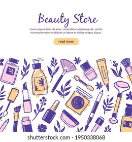 Hand drawn template with makeup beauty cosmetic elements, mascara, cream bottle, skin brush. Doodle sketch style. Illustration for makeup, beauty salon, cosmetic store banner, frame, poster design.