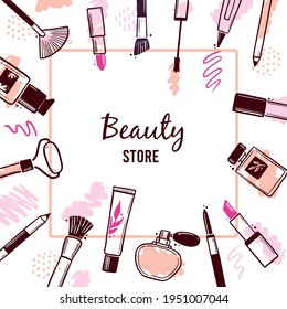 Hand drawn template with makeup beauty cosmetic elements, mascara, cream bottle, skin brush. Doodle sketch style. Illustration for makeup, beauty salon, cosmetic store banner, frame, poster design.