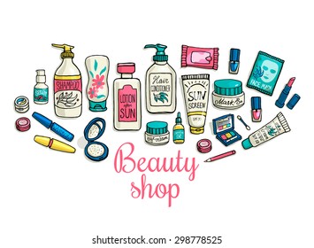 Hand drawn template with make-up objects - shampoo, cream, lipstick, mascara nail-polish, perfume, lotion, eyeshadow. Doodle cosmetics background for beauty shop.