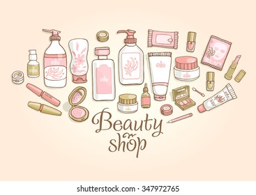 Hand drawn template with make-up objects - shampoo, cream, lipstick, mascara nail-polish, perfume, lotion, eyeshadow. Doodle cosmetics pastel color background for beauty shop.