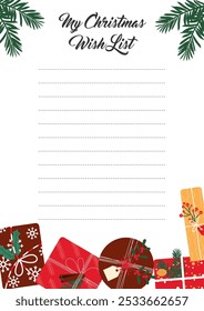 Hand drawn template for Santa Wish list on white background. Vector design.