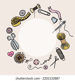 Herramientas de costura y de tejido de plantilla dibujadas a mano y hilos y tijeras, medición de agujas, botón. Vector para taller de sastrería, diseño de moda. Estilo de dibujo de Doodle.
