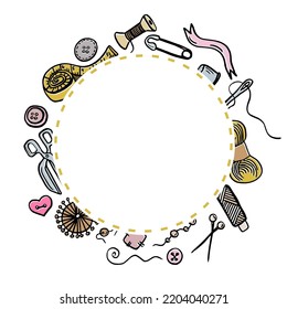 Hand drawn template sewing and knitting tools and accessories threads and scissors, needles metering, button. Vector for tailoring atelier, fashion design. Doodle sketch style.