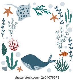 Hand drawn Template with stingray, fish, whale and ocean elements. Marine Background for invitation or greeting cards. Illustration of underwater Frame