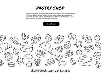 Handgezeichnete Vorlage mit Süßigkeiten wie Kuchen, Donut, Cupcake, Croissant. Doodle-Sketch-Stil. Illustration für die Konditorei.