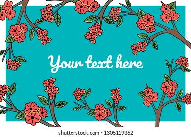 Hand drawn template with turquoise background and sakura blossom branches. 