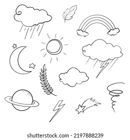 Plantilla dibujada a mano con objetos y elementos meteorológicos. Ilustración en el estilo de dibujo de doodle. Contiene signos del sol, nubes, copos de nieve, viento, lluvia, luna, relámpagos y más.