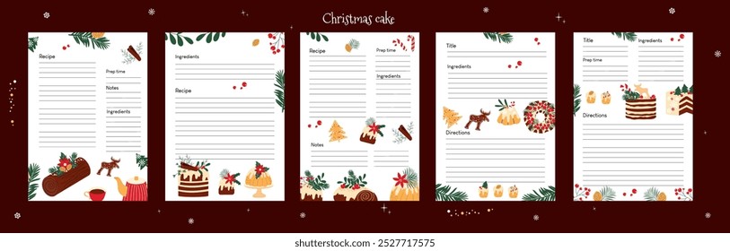 Hand drawn templates for recipe book pages. Vector desigh with Christmas traditional cakes and desserts.