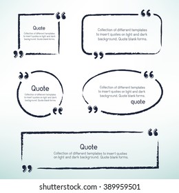 Hand drawn templates for writing quotes. Round square oval rectangular quotes forms on light background.