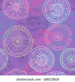 Hand  drawn tender violet lace circles seamless  background. All objects are conveniently grouped and  are easily editable.