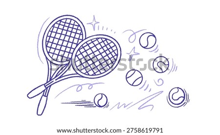 Hand drawn tennis ball and racket doodle illustration with dynamic motion lines. Sport equipment sketch in outline style, perfect for active lifestyle design and recreation project. Vector texture set