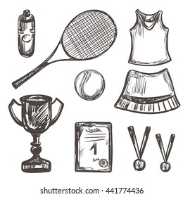 Hand drawn  Tennis game set Isolated Vector illustration equipment Sport symbols  Racket tennis ball tennis dress 