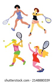 hand drawn tennis players. Shot, match pose competition. Rings medal. Games international sports apparel. Ball hit collection.