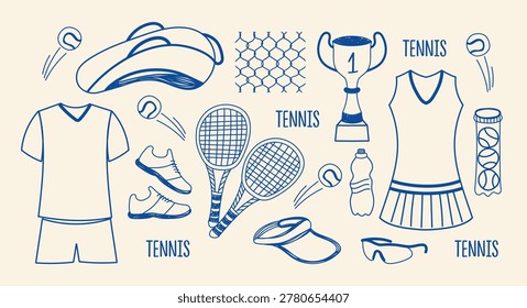 Hand drawn tennis set. Tennis goods and equipment. sports bag, uniform T-shirt with shorts and dress with skirt, sneakers, tennis balls, net, winner's cup, sunglas. Vector illustration in doodle style. 