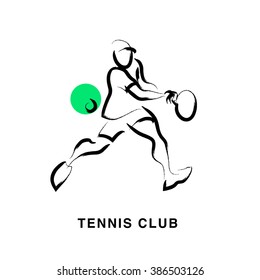 Hand drawn tennis sketch. Tennis player isolated on white background. Artistic sportsman figure running. Athlete silhouette. Sport advertisement, banner, placard, leaflet, poster, card illustration.