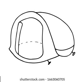 Hand drawn tent doodle icon. Simple black stroke. Tent stretched a rope tied to wooden peg in grass.Hiking, travel, camping. Sign symbol. Decoration element. White background. Isolated. Flat design.