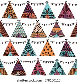 Hand drawn tepee with garland pattern in vector. Boho wigwam illustration.