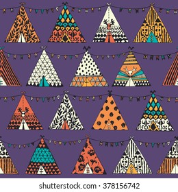 Hand drawn tepee pattern seamless in vector. Native american indian wigwam illustration.
