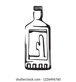 Hand drawn tequila bottle. Cactus drink flask vector illustration. Black isolated on white background. 