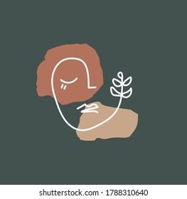 Hand drawn terracotta line art abstract face. Scandinavian style.