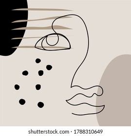 Hand drawn terracotta line art abstract face. Scandinavian style.