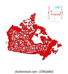 Hand drawn territory, a map of Canada. Time to travel. Illustration of the country for advertising, travel agencies, booklets.
