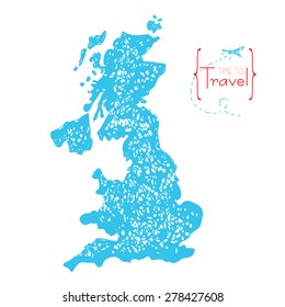 Hand drawn territory, a map of United Kingdom. Time to travel. Illustration of the country for advertising, travel agencies, booklets.