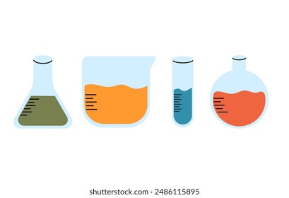 Hand drawn test tubes with colourful reagents.Lab glassware
