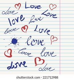 Hand drawn text background with love words and heart on lined paper.Calligraphy school romantic background.Love note.Doodle vector collection in sketched style.Vector illustration