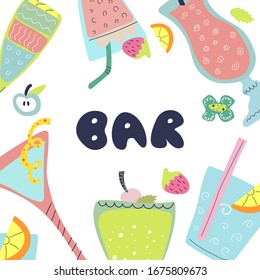 Hand drawn text Bar and frame of cocktails. Bright and fun summer design.