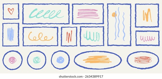 Hand drawn text box frames set, rough jagged edge. Uneven shaky line ink pen rectangles squares circles oval ellipse strokes squiggle round scribble collection. Retro vintage vector borders templates