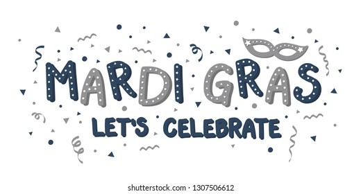 Hand drawn text and decorations for Mardi Gras Party. Vector