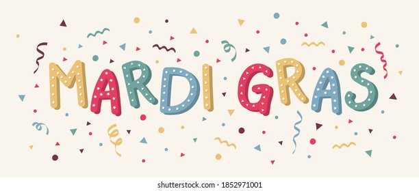 Hand drawn text and decorations for Mardi Gras Party. Vector