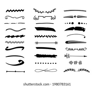 Hand drawn text delimiters set. Paragraph separators. Deviders collection in doodle style. Vector deviding lines.