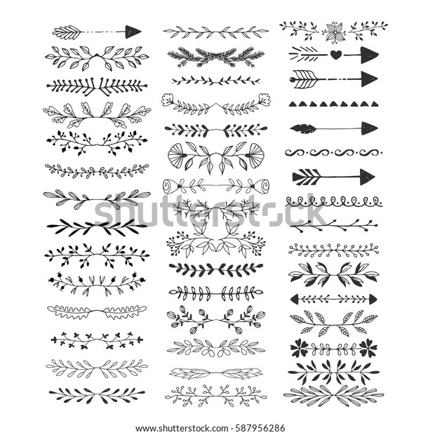 Hand drawn text dividers. Line\
borders and laurel design elements. Arrows. Vector.\
Isolated