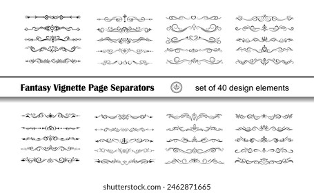 Divisores de texto dibujados a mano o viñetas. Conjunto de cuarenta bordes elegantes, Elementos separadores de página