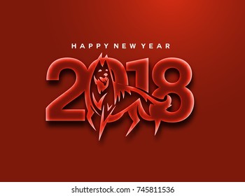 Hand drawn text of dogs year, happy new year 2018, red background, vector illustration
