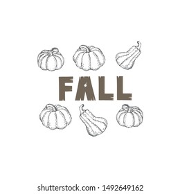 Hand drawn text Fall and hand drawn pumpkins, autumn halloween background, vector icon 