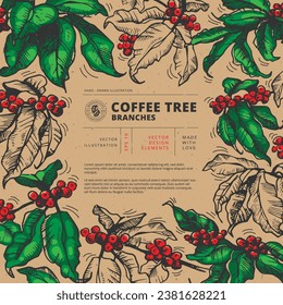 Hand drawn text frame. Vector illustration of Coffee tree branches with berries and coffee beans. Sketch style image of foliage and fruits. Botanical style illustration. Good for cafe menu design.