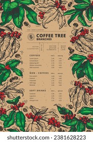 Hand drawn text frame. Vector illustration of Coffee tree branches with berries and coffee beans. Sketch style image of foliage and fruits. Botanical style illustration. Good for cafe menu design.