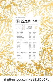 Hand drawn text frame. Vector illustration of Coffee tree branches with berries and coffee beans. Sketch style image of foliage and fruits. Botanical style illustration. Good for cafe menu design.