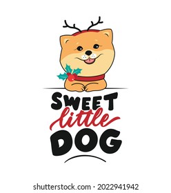 The hand drawn text and funny puppy in a deer antlers and mistletoe. The lettering phrase Sweet little dog. The head spitz is good for Christmas cards. Vector illustration