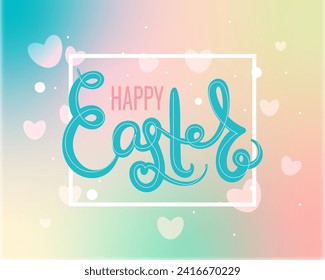 Hand drawn text "Happy Easter" in the form of a logo, icon. Drawn vector greeting card with frame with hearts, poster, invitation, banner template.