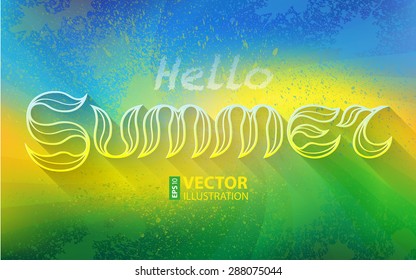 Hand drawn text HELLO SUMMER lettering on colorful paint splashes background. RGB EPS 10 vector illustration