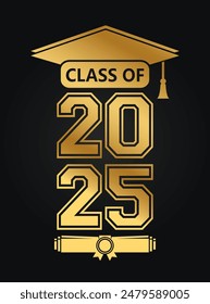 Ilustración de texto dibujado a mano para la clase de graduación 2025, clase de insignia 2025 con color dorado.